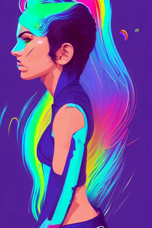 Image similar to a award winning half body portrait of a beautiful woman with stunning eyes in a croptop and cargo pants with rainbow colored ombre hairstyle head in motion and hair flying by josan gonzales, outrun, vaporware, shaded flat illustration, digital art, trending on artstation, highly detailed, fine detail, intricate