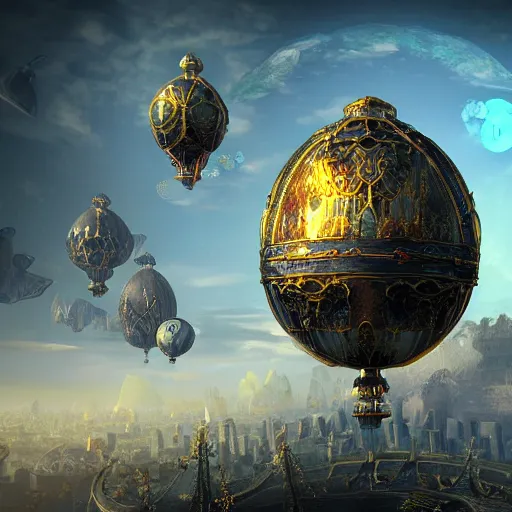 Image similar to enormous flying city in a faberge egg, sky, steampunk, fantasy art, unreal engine, chaotic