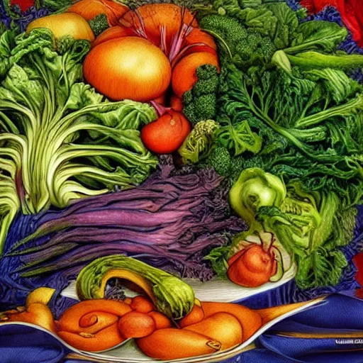 Image similar to a beautiful plate of vegetables, by junji ito, by laurie lipton, by bernie wrightson, masterpiece, stunning, hyper realistic, lots of colours, 8 k