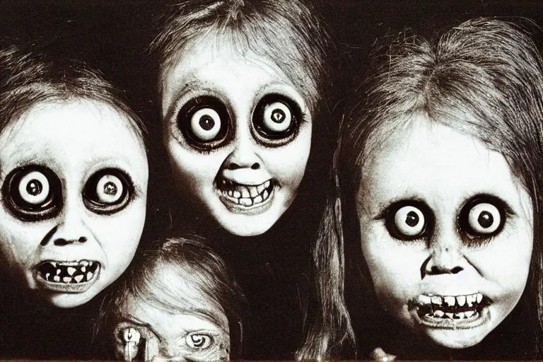 Image similar to studio portrait of a happy creepy mud family with big eyes by bob bottin, horror grotesque, realistic detailed photography 1 9 7 0's