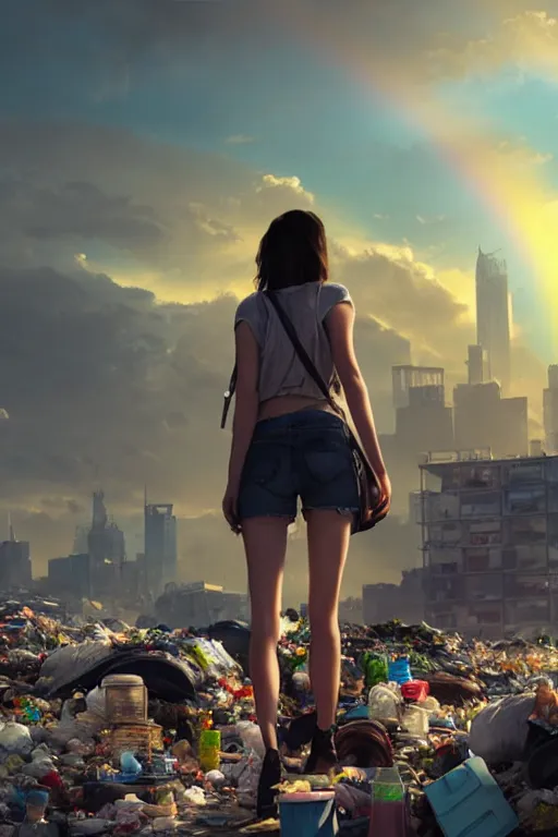 Prompt: wide photo of young woman beauty in mini short with backpack looking at food at garbage dump, destroyed cars, city is pure wasteland, moody sunset background, rays of sunlights, ( ( ( rainbow ) ) ), high details, sharp, photorealism, greg rutkowski, artgerm, unreal engine, highly detailed