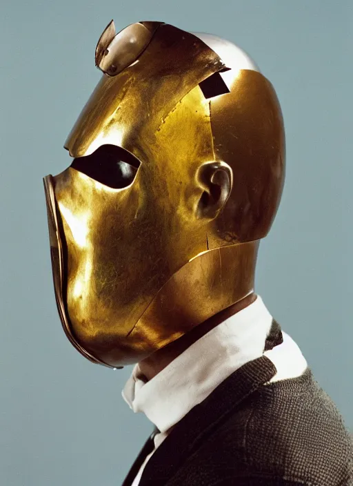 Prompt: a fashion portrait photograph of a man wearing a metal mask designed by piet mondrian, 3 5 mm, color film camera,