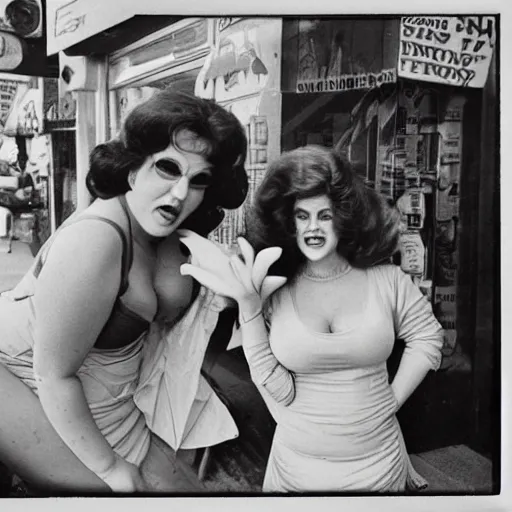 Prompt: 1976 color archival photo of a voluptuous woman in a dress, and her friend, who looks like Caspar the Friendly Ghost, in a sidewalk cafe, 16mm film soft color, earth tones and soft color 1976, live-action archival footage, in style of doris wishman russ meyer, woman looks like gilda radner