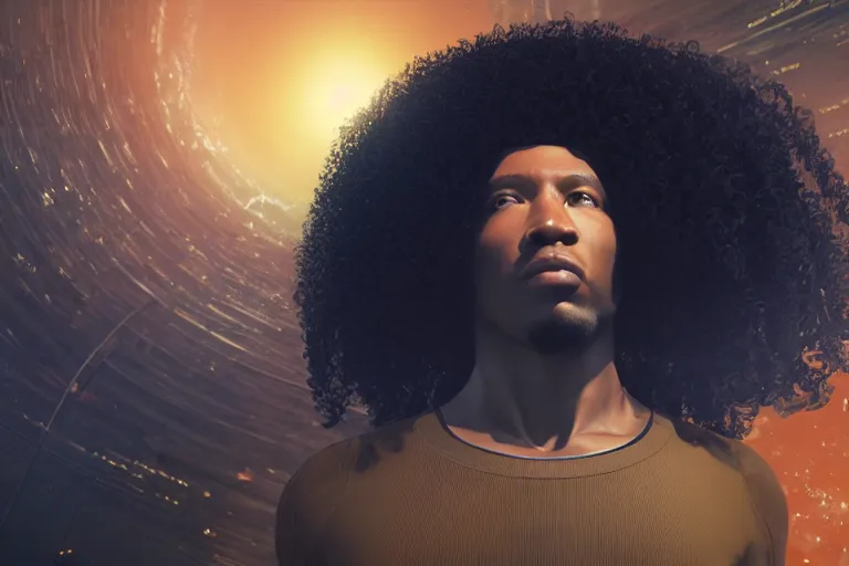 Prompt: a black man with long curly hair standing in front of a black hole horizon, time collapsing. neofuturistic highly detailed, digital concept art, Dimensional cyan gold natural light, sharp focus, Golden Ratio illustration, realistic concept art by Stephen Hickman and James Gurney and Hiromasa Ogura Ghost in the Shell rendered in Octane Render, From the distance