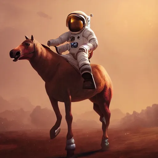 Image similar to an astronaut boy riding on a horse, style game square enix life, trending on artstation, painted by greg rutkowski, render naughty dog, octane render, detailed