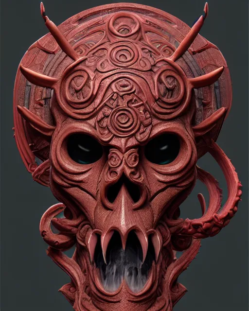 Prompt: 3 d ornate carved hellboy with tattoos profile portrait, sigma 5 0 0 mm f / 5. beautiful intricate highly detailed quetzalcoatl skull. bioluminescent, plasma, lava, ice, water, wind, creature, thunderstorm! artwork by tooth wu and wlop and beeple and greg rutkowski, 8 k trending on artstation