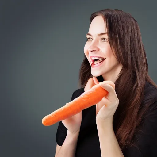 Image similar to woman with carrots instead of teeth, toothbrush advertisement