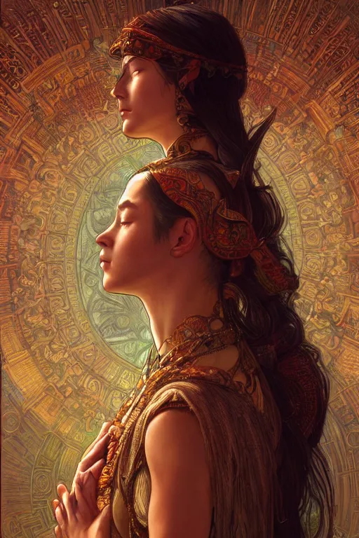 Image similar to ultra realistic illustration, a stunningly beautiful shaman girl praying, intricate, elegant, highly detailed, digital painting, artstation, concept art, smooth, sharp focus, illustration, art by artgerm and greg rutkowski and alphonse mucha