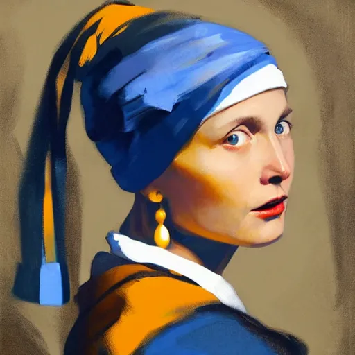 Image similar to greg manchess portrait painting of the boy with the pearl earring with the face of elon musk, medium shot, asymmetrical, profile picture, organic painting, sunny day, matte painting, bold shapes, hard edges, street art, trending on artstation, by huang guangjian and gil elvgren and gerald brom