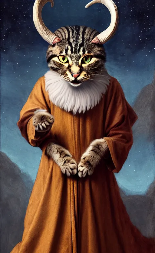 Prompt: a bipedal cat that has goat horns, anthropomorphic cat that is wearing robes, oil painting, by leonardo da vinci, d & d, fantasy, concept art, cosmic, magical, fog, noble, full body portrait, intricate, ornate, extremely detailed, cult, ritual, sharp focus, 4 k, 8 k