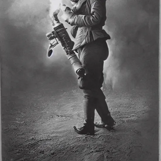 Image similar to old black and white photo, 1 9 1 3, depicting ellen ripley carrying a flamethrower, historical record