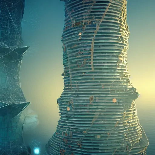 Prompt: architecture, magical, whimsical, spiraling endless tower sitting in the open ocean, organic sculptural shapes, mandelbrot fractals, millions of windows, balconies of plants, waterfalls from the tower, fog, atmosphere, neon lights, cyberpunk, ultra high detail, 8 k, rey canlas jr,, 3 d render