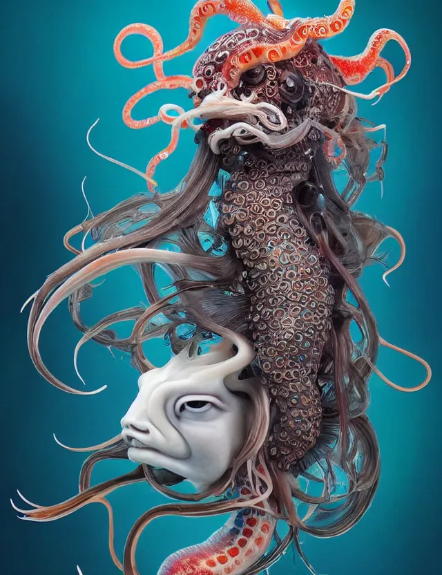 Image similar to 3 d goddess squid half - turn portrait with long hair with ram skull. beautiful intricately detailed japanese crow kitsune mask and clasical japanese kimono. betta fish, jellyfish phoenix, bio luminescent, plasma, ice, water, wind, creature, artwork by tooth wu and wlop and beeple and greg rutkowski