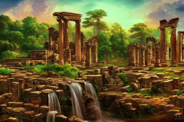 Prompt: ancient ruins and waterfalls, retrowave epic art, trending on art station