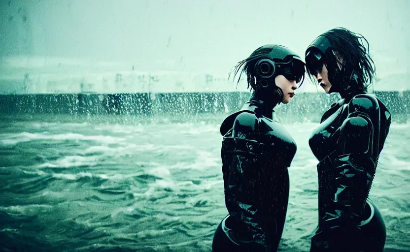 Image similar to cinestill 5 0 d candid action photographic portrait by quentin tarantino of two loving female androids wearing rugged black mesh techwear in treacherous waters, extreme closeup, modern cyberpunk retrofuturism moody emotional cinematic, pouring iridescent rain, 8 k, hd, high resolution, 3 5 mm, f / 3 2, motion blur, ultra realistic faces, ex machina