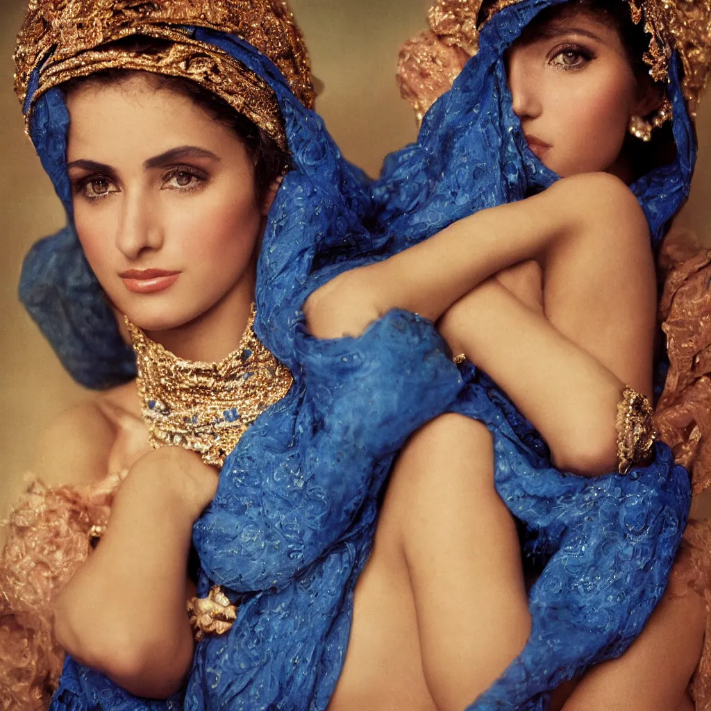 Prompt: an award winning cooke 8 5 mm f / 1. 2 lens close - up portrait photograph of a beautiful glamorous young lebanese woman with blue shawl shot by richard avedon styled by alphonse mucha, lomography color 4 0 0 film stock, low - key studio lighting,