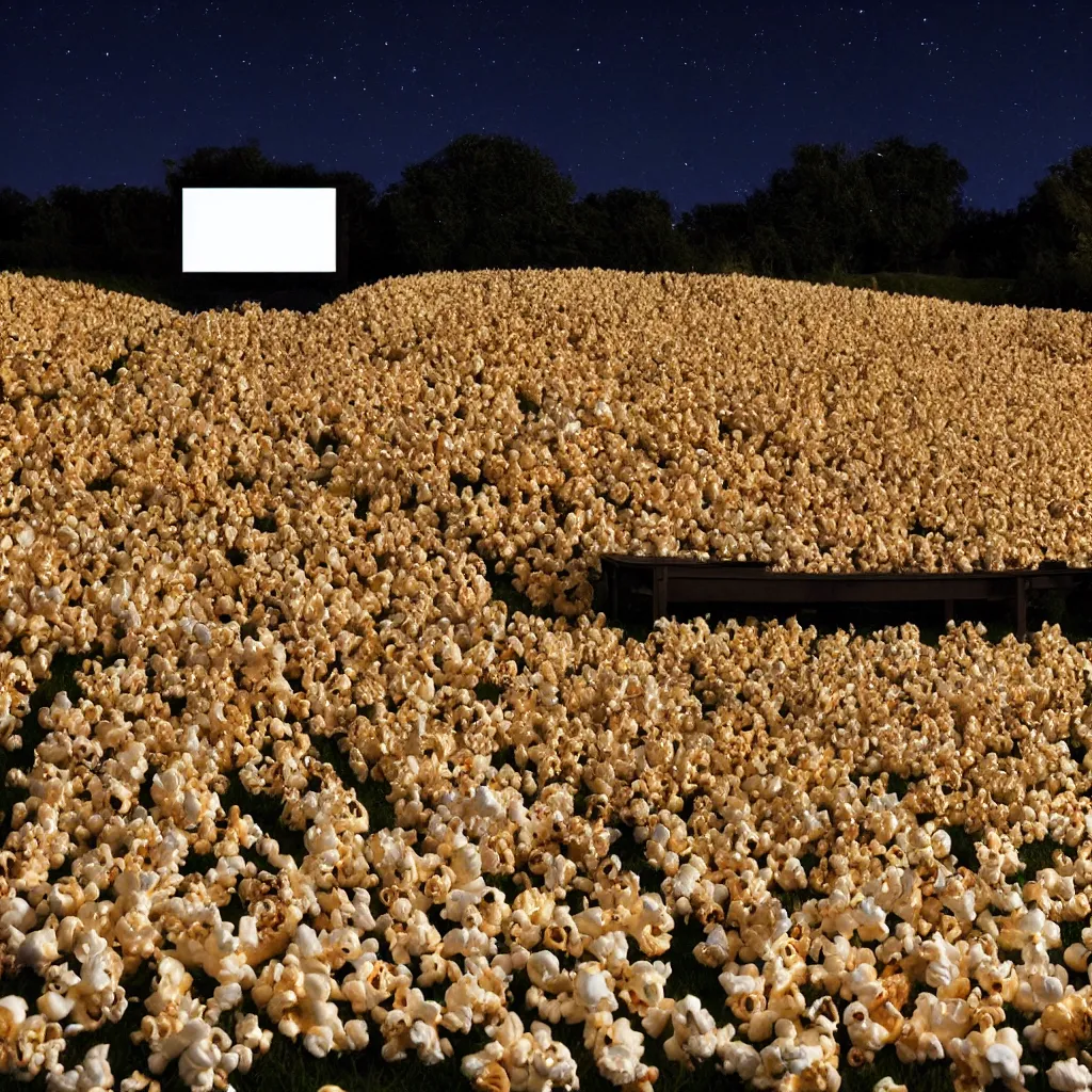 Image similar to outdoor cinema screen with giant popcorn kernels at night symmetrical rule of thirds