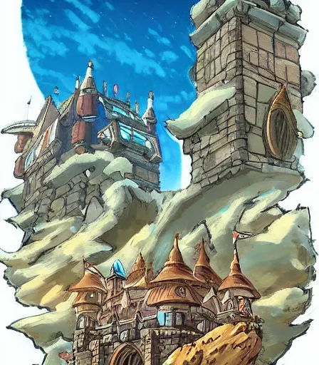 Image similar to A Huge Castle by Miyazaki Nausicaa Ghibli, breath of the wild style, epic composition