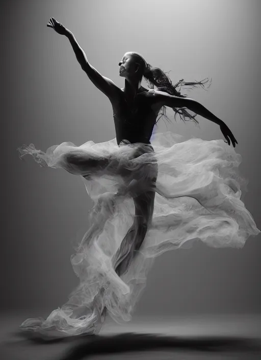 Image similar to a Photorealistic dramatic hyperrealistic render of a beautiful Female smoke dancer by Ken Brower and Deborah Ory of NYC Dance project,Lois Greenfield,Flowing cloth and smoke,Beautiful dynamic dramatic dark moody lighting,volumetric,shadows,cinematic atmosphere,Octane render,8K