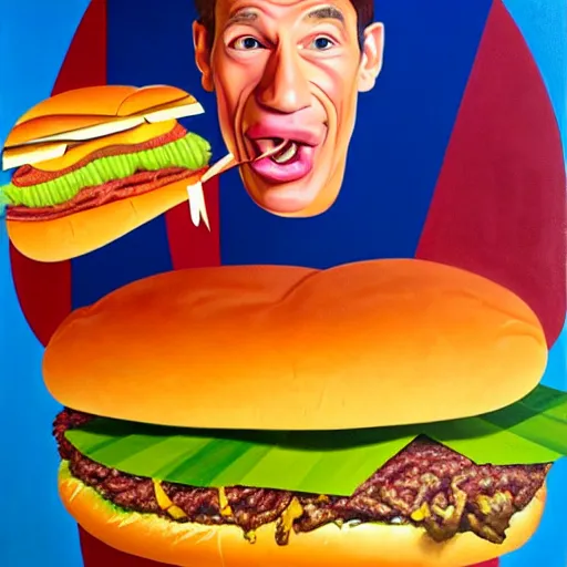 Prompt: portrait of ernest p. worrell eating a giant hamburger. cubist painting, oil on canvas