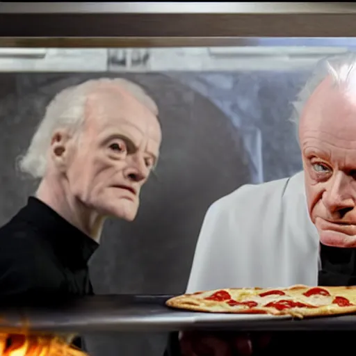 Image similar to A still of Ian McDiarmid as Palpatine making a pizza, 4k, photograph, ultra realistic, highly detailed, professional lighting