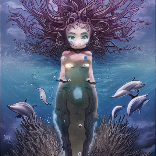 Prompt: portrait of the The terrifying Ocean Mage Vivi Mage Wearing an urchin suit whilst disguised as a dolphin Under the sea uta natsume Mark Riddick Alexey Egorov akira toriyama Inio Asano sui ishida