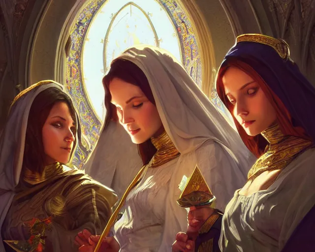 Image similar to photography of the three marys at the sepulchre, deep focus, d & d, fantasy, intricate, elegant, highly detailed, digital painting, artstation, concept art, matte, sharp focus, illustration, hearthstone, art by artgerm and greg rutkowski and alphonse mucha