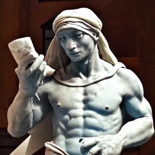 Image similar to donatello of the teenage mutant ninja turtles as a sculpture from the renaissance artist michelangelo, made of white marble, high details, cinematic, dramatic lighting, photorealistic