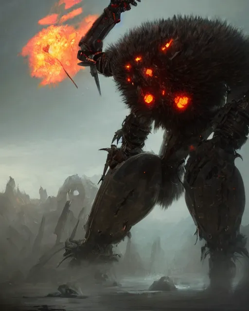 Prompt: oil painting of Angry Anthropomorphized Robot Berserker, wearing fur armor, claws, sharp focus, attack pose, fantasy style, octane render, volumetric lighting, 8k high definition, by greg rutkowski, highly detailed, trending on art Station, magic the gathering artwork, burning Battlefield background, centered