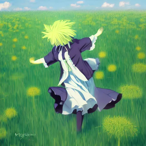 Image similar to Komeiji Koishi dancing in a field of dandelions, by Makoto Shinkai, anime, Touhou, digital art, soft lighting