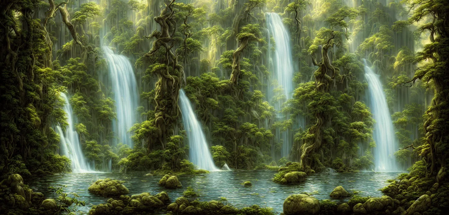 Prompt: a painting of a waterfall in a random forest, a detailed matte painting by todd lockwood, deviantart, fantasy art, matte painting, matte drawing, airbrush art