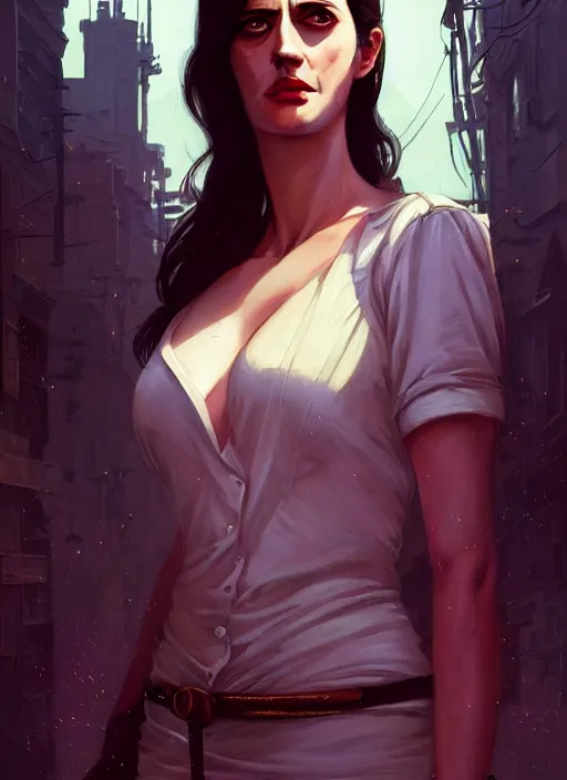 Image similar to highly detailed portrait of eva green in gta v, stephen bliss, unreal engine, fantasy art by greg rutkowski, loish, rhads, ferdinand knab, makoto shinkai and lois van baarle, ilya kuvshinov, rossdraws, tom bagshaw, global illumination, radiant light, detailed and intricate environment