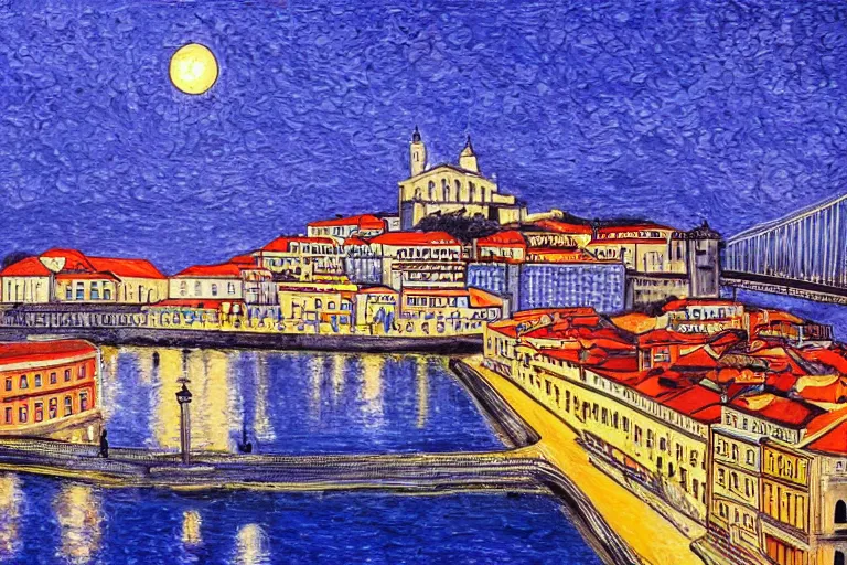 Prompt: lisbon city at night, art in the style of adriana molder