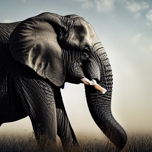 Image similar to an elephant crumbling to dust in the air, photorealistic