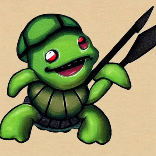 Prompt: an evil turtle holding a shovel