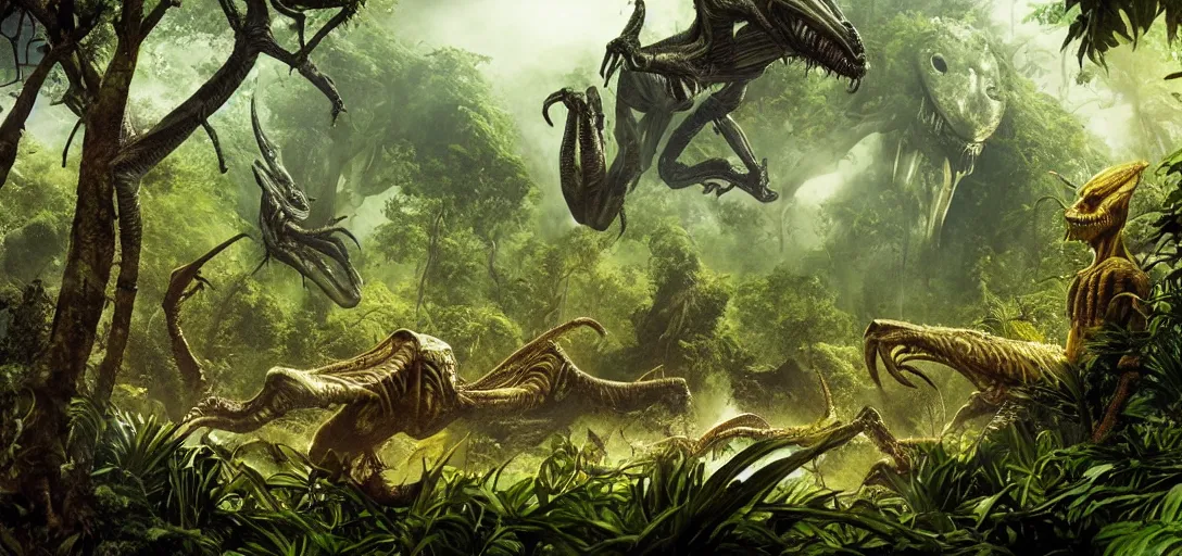 Prompt: alien creature in the exotic jungle, landscape, alex ross, neal adams, david finch, concept art, matte painting, highly detailed, rule of thirds, dynamic lighting, cinematic, detailed, denoised, centerd