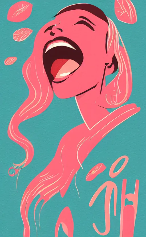 Image similar to illustration with a woman laughing out loud with open mouth, standup, comedy, joke, funny meme photo, trending on behance, art deco, digital illustration, storybook illustration, grainy texture, flat shading, vector art, airbrush, pastel, watercolor, poster