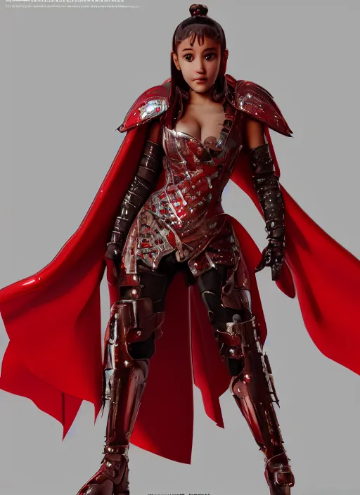 Image similar to Ariana Grande wearing metal and leather fantasy battle armor with a red cloak by Ilya Kushvikov, symmetrical face concept art, octane render unreal engine meta humans, trending on artstation
