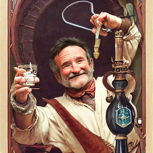 Image similar to an ultradetailed portrait of robin williams dressed as an alchemist, brewing potions in a workshop, d & d, fantasy, intricate, elegant, highly detailed, digital painting, matte, sharp focus, illustration, art by john collier and albert aublet and krenz cushart and artem demura and alphonse mucha