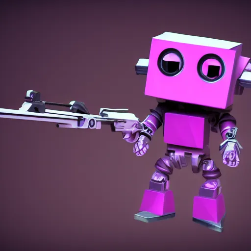 Image similar to a pink and purple robot holding a gun, a low poly render by Doc Hammer, polycount, toyism, made of plastic, made of rubber, darksynth