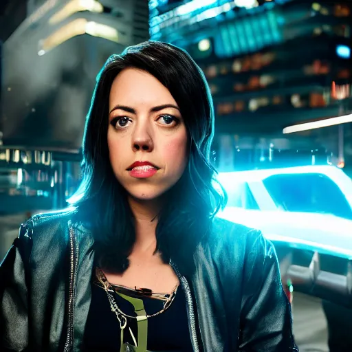 Image similar to hyper detailed, ultra sharp focus photo of aubrey plaza dressed as judy alvarez, cyberpunk, unreal engine, studio lighting, 8 k, dslr, 8 5 mm f / 1. 8 by sam shaw