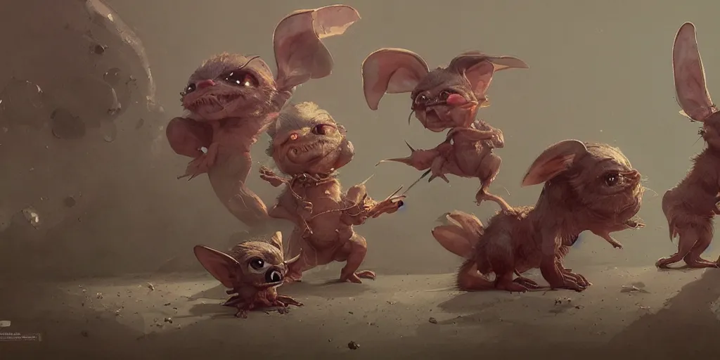 Image similar to Happy cute gremlins, Moebius, Kim Jung Gi, Greg Rutkowski, Zabrocki, Karlkka, Jayison Devadas, Phuoc Quan, trending on Artstation, 8K, ultra wide angle, pincushion lens effect