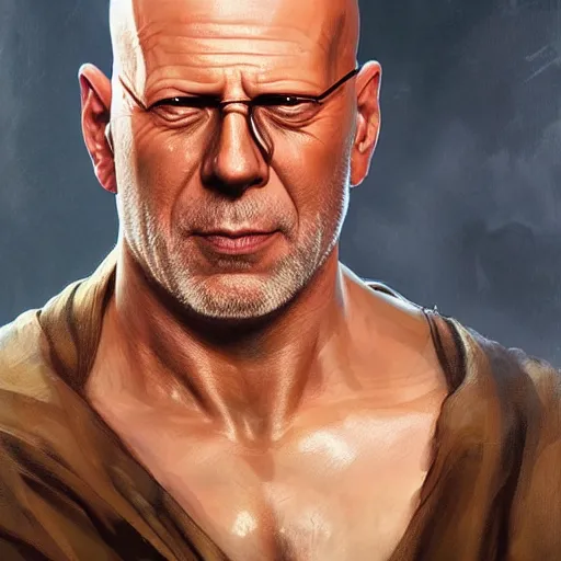 Image similar to bruce willis as sagat from street fighter, wearing an eye patch, 4 k, ultra realistic, detailed focused art by artgerm and greg rutkowski and alphonse mucha