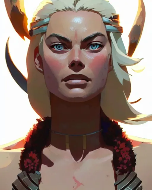 Image similar to azctec warrior, margot robbie, detailed perfect face, exquisite details, fire magic, mid view, design on a white background, by studio muti, greg rutkowski makoto shinkai takashi takeuchi studio ghibli