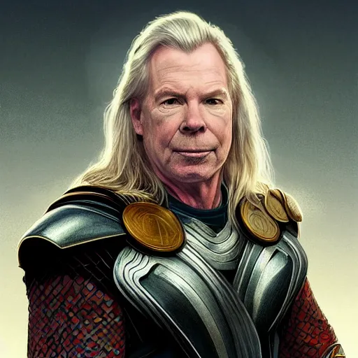 Prompt: portrait of Michael McKean as Thor, elegant, intricate, headshot, highly detailed, digital painting, artstation, concept art, sharp focus, illustration, art by artgerm and greg rutkowski and alphonse mucha