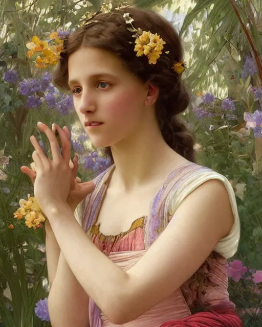 Prompt: an art nouveau portrait painting of a shy, blushing 1 6 - year old alicia vikander or millie bobby brown as a princess lying among flower petals, hair fanned around, intricate, elegant, highly detailed, artstation, concept art, by krenz cushart and donato giancola and william adolph bouguereau and alphonse mucha