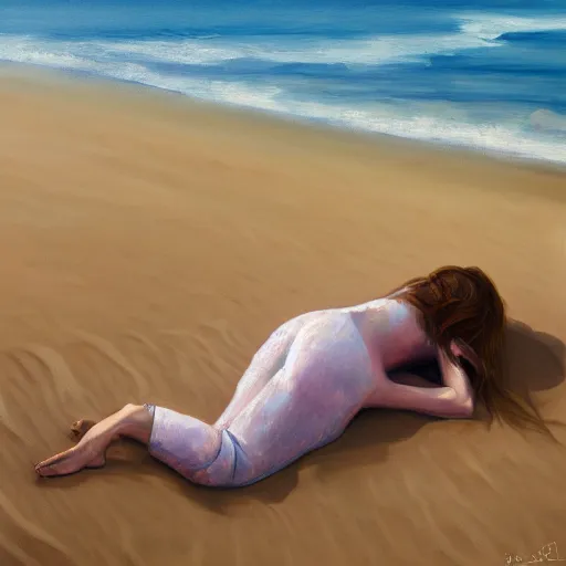 Prompt: a woman laying in the sand, oil painting, pale colors, high detail, 8 k, wide angle, trending on artstation