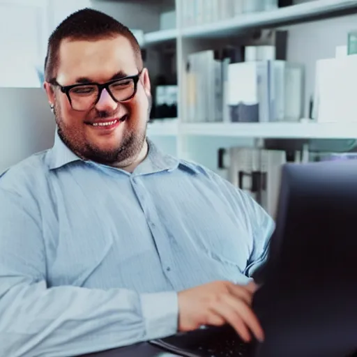 Prompt: fat man with fancy shoes using glasses and sit in the computer with a funny smile