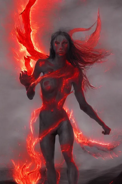 Prompt: Female fire elemental made of black flames with no mouth by Annie Swynnerton and Nicholas Roerich, madness combat, strong dramatic cinematic lighting , blood red sky, grey skin, smooth, sharp focus, extremely detailed