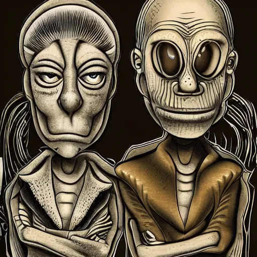 Image similar to a realistic portrait of fry and lila from futurama in the style of h. r. giger